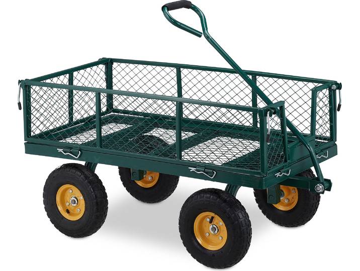 Relaxdays Handwagen, praktischer Bollerwagen für den Garten, mit Luftbereifung, klappbare Seitenteile, bis 250 kg, grün