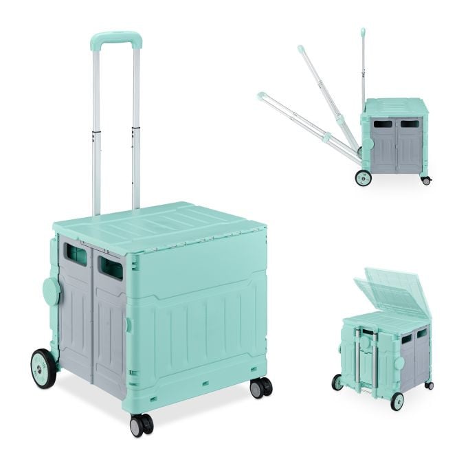 Relaxdays Boodschappentrolley, opvouwbare krat op wielen, turquoise-grijs