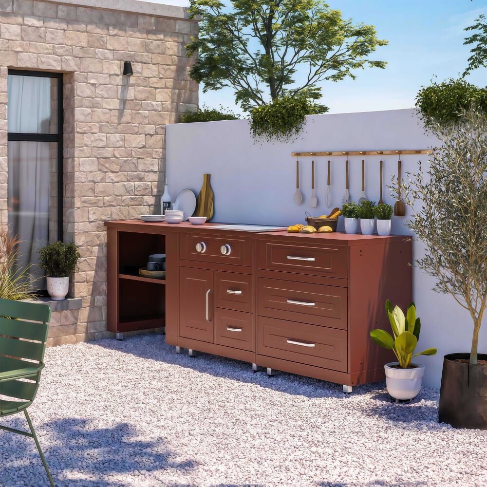 Oviala Cuisine d'extérieur 3 modules avec gazinière brique Marron 252x96x66cm