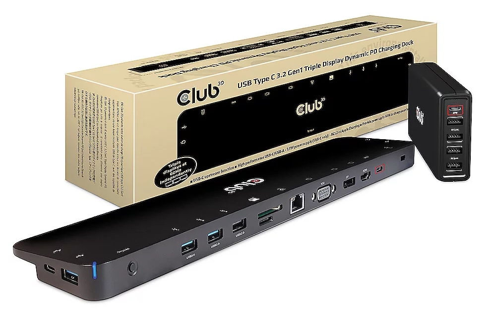 Club3D Club 3D USB Gen1 Typ-C Triple Display Dynamic PD Charging Dock m. 100 Watt CSV-1564W100