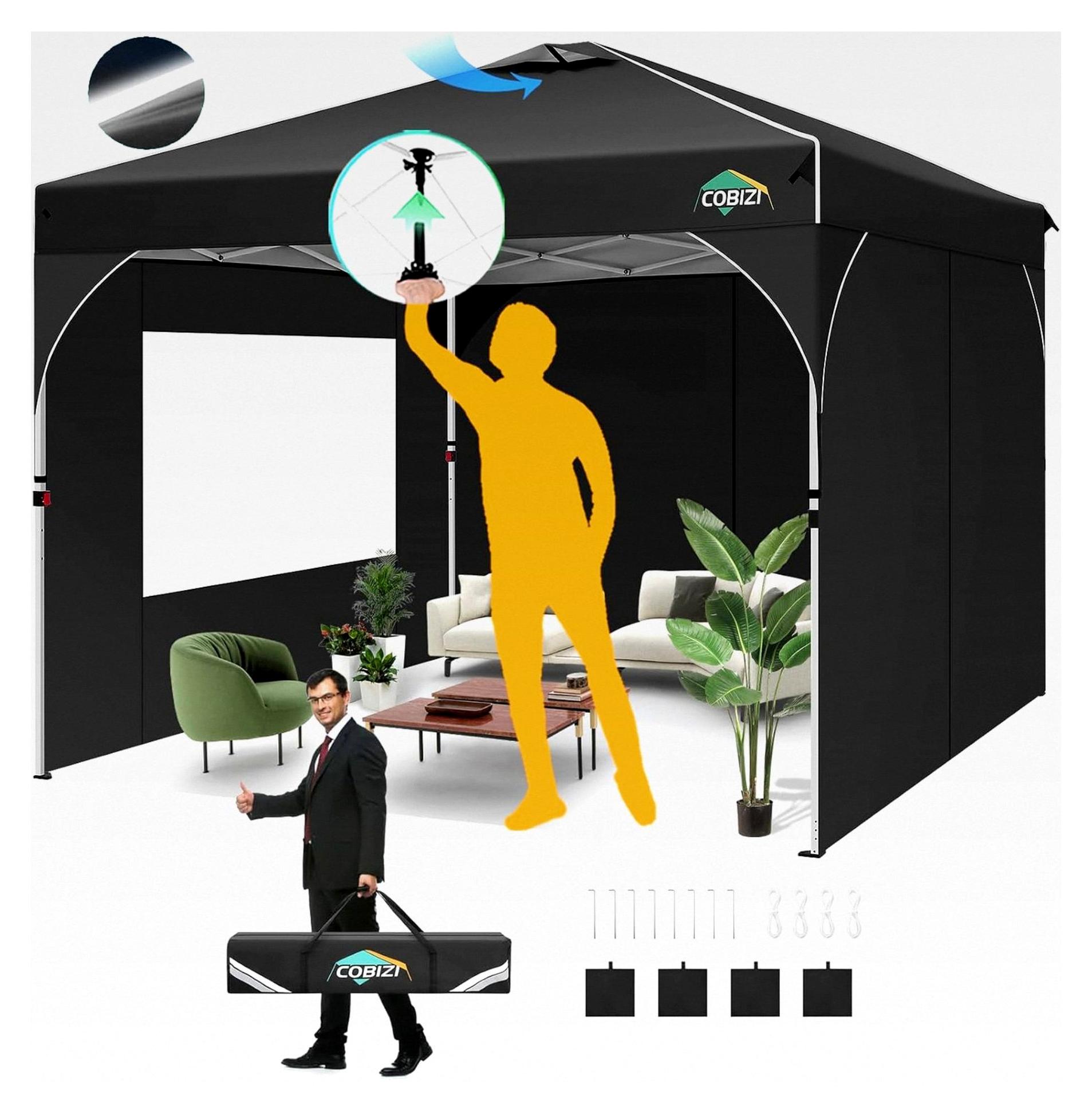 Faltpavillon 3x3 Wasserdicht Stabil, Zentralverriegelung, Partyzelt mit Belüftung, Fluoreszierenden Streifen, 3 Seitenteilen, 4 Sandsäcken, Höhenverstellbar, Gartenzelt für Veranstaltungen, Schwarz