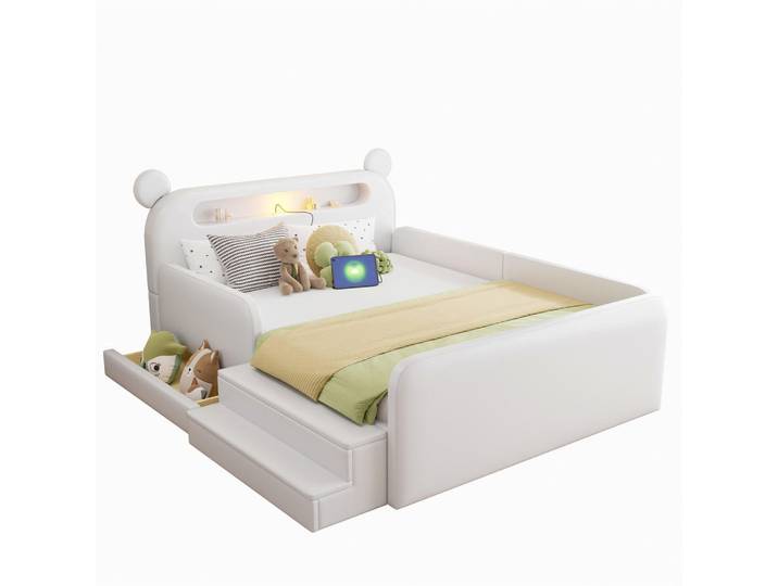 Flieks Kinder Polsterbett 140x200 Bär Kopfteil USB Stauraum Nachtlicht Weiß, 140x200 cm, Schlafzimmer, Betten