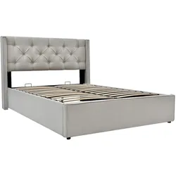 OKWISH Hydraulisches Polsterbett 140×200 mit Lattenrost, Stauraum, gepolstertem Kopfteil, Baumwolle, modernes Schlafzimmerbett, Hellgrau