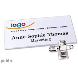 10 Namensschild mit Klammer public 75 x 37 mm, Hart-PVC, transparent