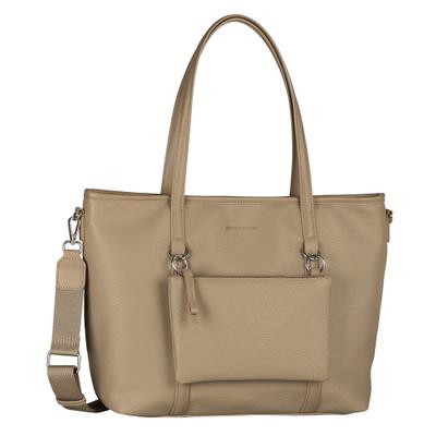 Shopper TOM TAILOR "Jamila", Damen, Gr. B/H/T: 43,5cm x 32cm x 13cm, beige (natur), Canvas, clean, gepflegt, unifarben, Taschen Shopper, ein Platzwunder mit 2-in1-Funktion aus fein genarbtem Lederimtiat
