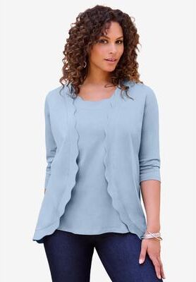 Plus Size Women's Scalloped Cardigan and Tank Set by Roaman's in Pale Blue (Size 30/32)