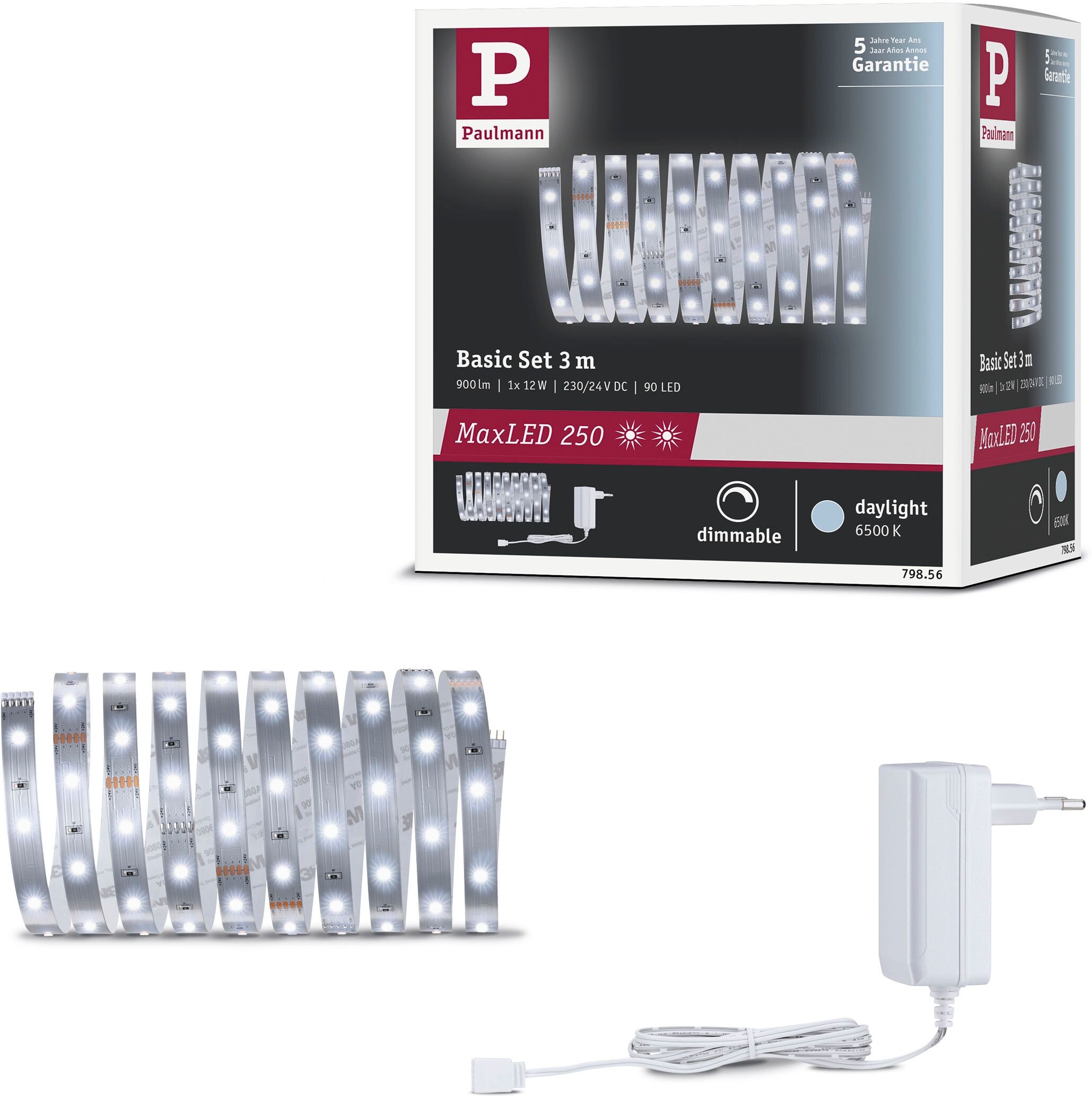 PAULMANN LED Stripe "MaxLED 250 Basisset unbeschichtet 3m Tageslichtweiß", silber (silberfarben), Flammen 1 Stk., Gesamtlänge 4,58m, Lichterketten, LED Stripe