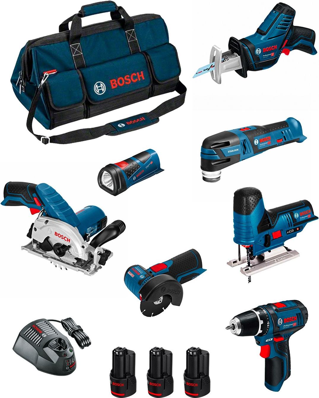 BOSCH Kit BMKB7-28AD3 (GSR 12V-15+GKS 12V-26+GWS 12V-76+GST 12V-70+GOP 12V-28+GSA 12V-14+GLI 12V-80+ 3x2,0Ah+GAL1230CV+HDBAG)