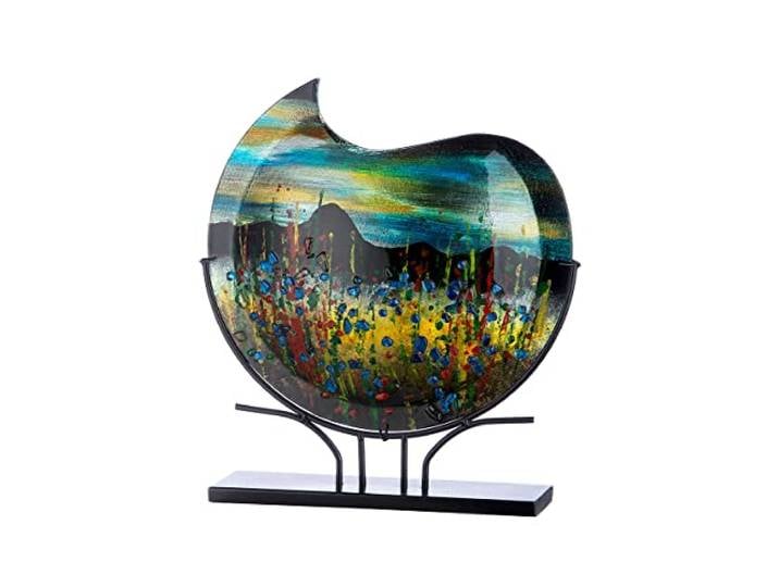 GILDE GLAS art Vase Rond décoratif XL sur Pied en métal Noir - Peint à la Main avec éléments en Verre - Objet d'art Multicolore Hauteur 47\,5 cm