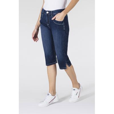 Caprijeans MAC "CAPRI", Damen, Gr. 38, Länge 19, blau (dunkelblau used), Denim/Jeans, Obermaterial: 98% Baumwolle, 2% Elasthan, Abriebeffekte, figurbetont kniebedeckend, Jeans, Eingelegte Zierfalten am Saum