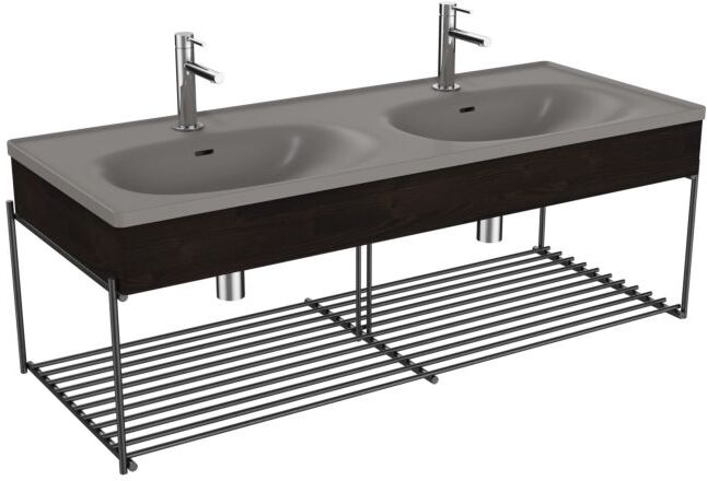 VitrA Equal Doppelmöbelwaschtisch-Set 66067 132,5x52cm, Möbelwaschtisch asymmetrisch, steingrau matt, mit Holzblende ulme