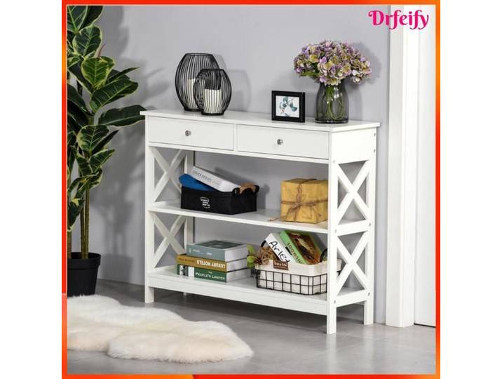 Table de console - AKOZON - table de drapier néo-rétro - 2 tiroirs - 2 étagères - Blanc 100x30.5x80 cm