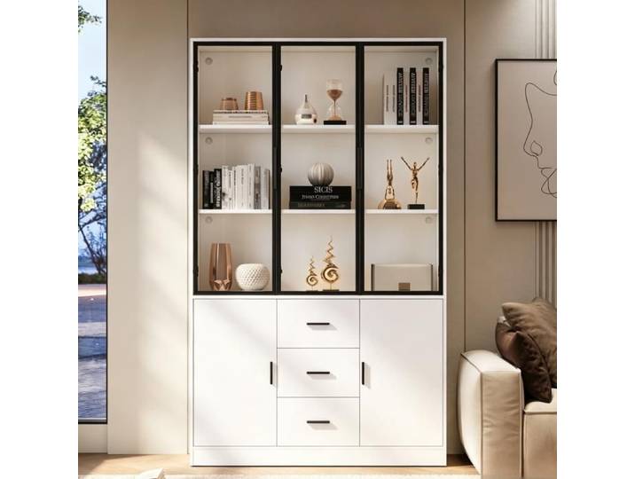 Modenuit Vitrine haute 120x30x200 cm avec portes vitrées LED RGB Bluetooth 3 tiroirs blanc