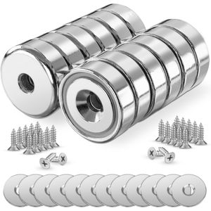 Poppstar Magnete Topfmagnet N35, silber, Neodym Magnet, Ø 20 mm, Höhe 7 mm, Scheibe gelocht, 10 Stück