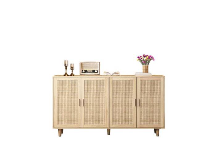 158CM Élégant et fonctionnel Armoire de rangement décorative en rotin 4 portes pour chambre à coucher salon bureau 158CM Élégant et