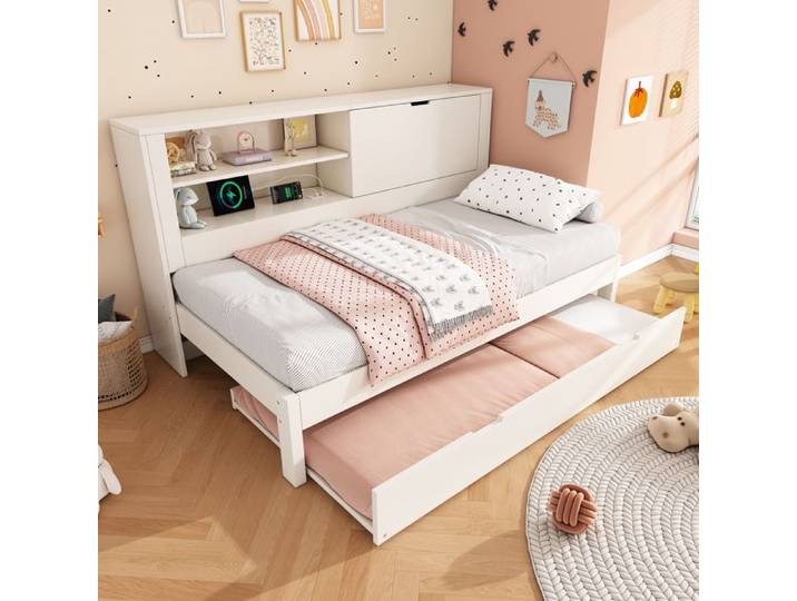 Lit Enfant Combiné - MERAX - 90x200 - avec Lit gigogne 90x190 - Rangement Tête de Lit - Station Charge USB/Type-C