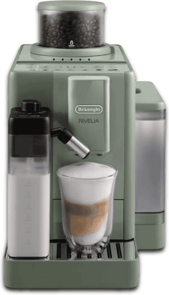 DE LONGHI Cafetera superautomática - De' Longhi Rivelia EXAM420.55.GR, 1450 W, 15 bar, Molinillo integrado, LatteCremaHot, Depósito leche, Táctil, Verde