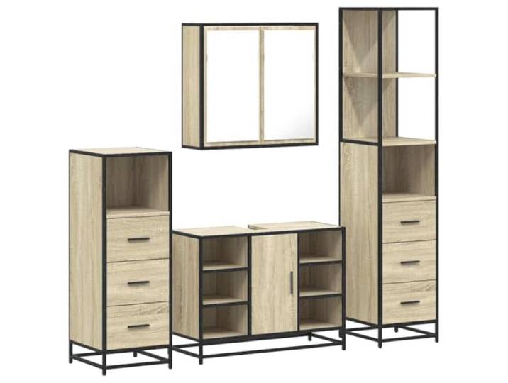 POUFGDR Badezimmermöbel-Set, 4-teilig, Sonoma-Eiche Wand-WC-Schrank, Waschbeckenmöbel, Holz, Metallrahmen, Hängeaufbewahrung