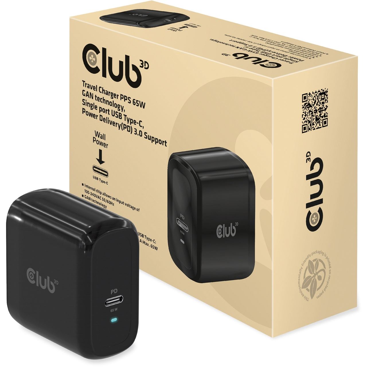 Club3D Reiseladegerät 1xUSB Typ C, PD 65W retail