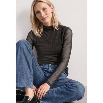 Langarmshirt STREET ONE, Damen, Gr. 42, schwarz (schwarz coffee), Mesh, Obermaterial: 95% Polyester, 5% Elasthan. Futter: 100% Viskose, gemustert, hüftlang, Rundhals, Shirts Langarmshirt, leichte Mesh-Qualität, Elasthananteil