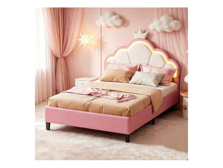 Simurq Kinderbett 90x200cm Bettgestell, Einzelbett, Polsterbett, Jugendbett, Mit LED, Mit Lattenrost, Prinzessin Bett