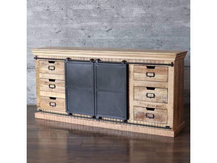 XXL Sideboard 180cm SELCE massiv Mangoholz Schiebetüren Industrial
