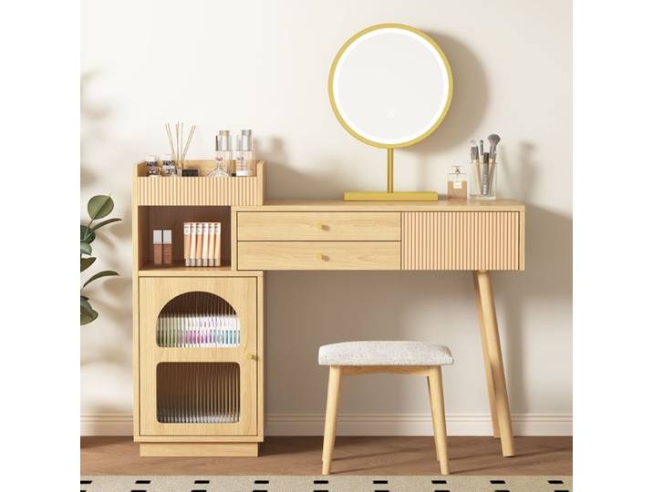 Coiffeuse - Miroir LED tricolore - 120x90x40 cm - 3 tiroirs - Panneaux de particules E1