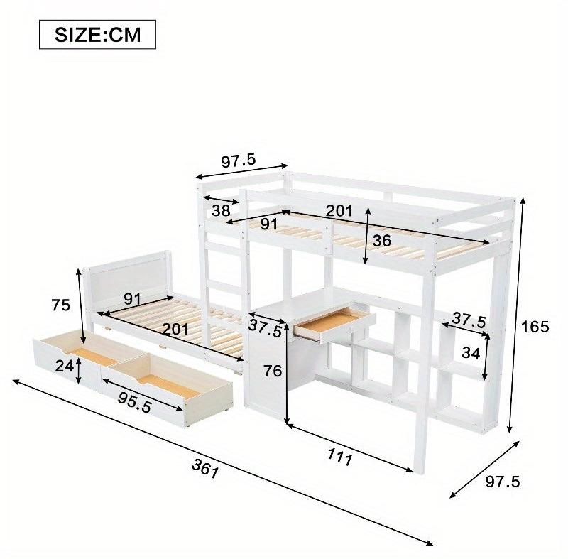 Etagenbett 90x200 cm - Drei Schlafplätze mit Schreibtisch - Modernes Kinderbett - Weißes Metall und Holz