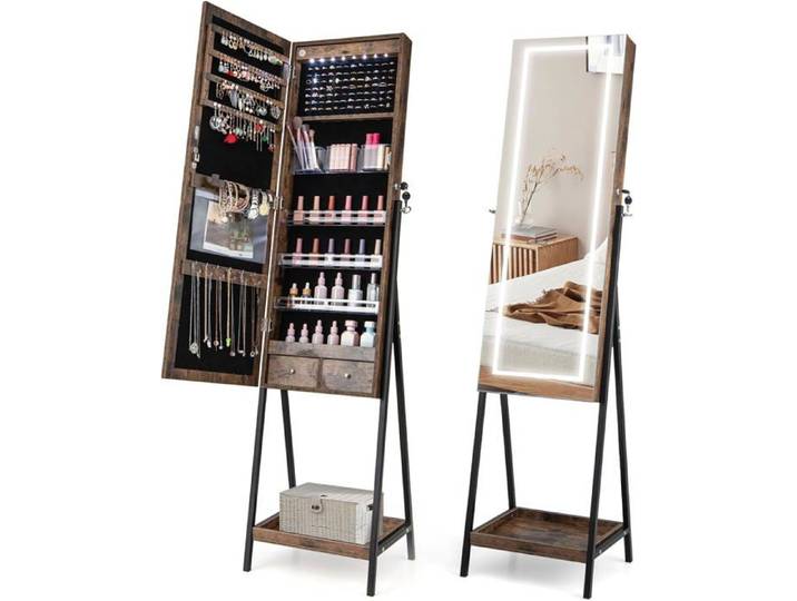 GOPLUS Armoire à Bijoux-Miroir Pleine Longueur-Lumière LED à 3 Couleurs-Étagère Inférieure/Tiroirs/Miroir de Maquillage Marron