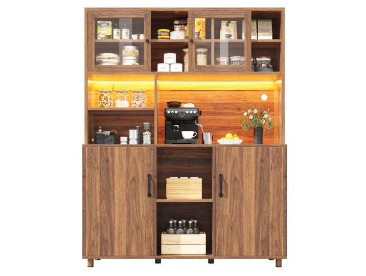 ULEVR buffet haut de cuisine rectangulaire 140 x 40 x 185 cm - avec LED et portes coulissantes en verre noyer