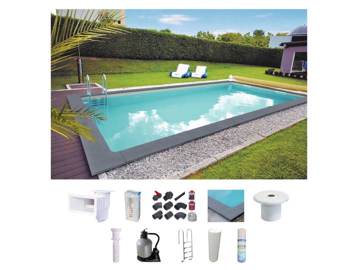 Rechteckpool KWAD inkl. Granitumrandung in Farbe Padang Dark & umfangreichem Zubehör , weiß, B:350cm H:150cm L:700cm, Schwimmbecken, Rechteckpool, Höhe 150 cm, in versch. Größen erhältlich
