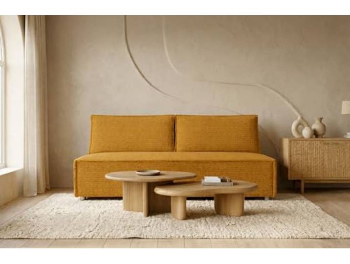 Kaiser Möbel - Sofa mit Schlaffunktion und Bettkasten, Sofa 2-sitzer, Schlafsofa mit Bettzeugbehälter, Klappsofa, Bettsofa, Bequemes Couch für Wohnzimmer, Schlafzimmer und Jugendzimmer, Duo, Senf