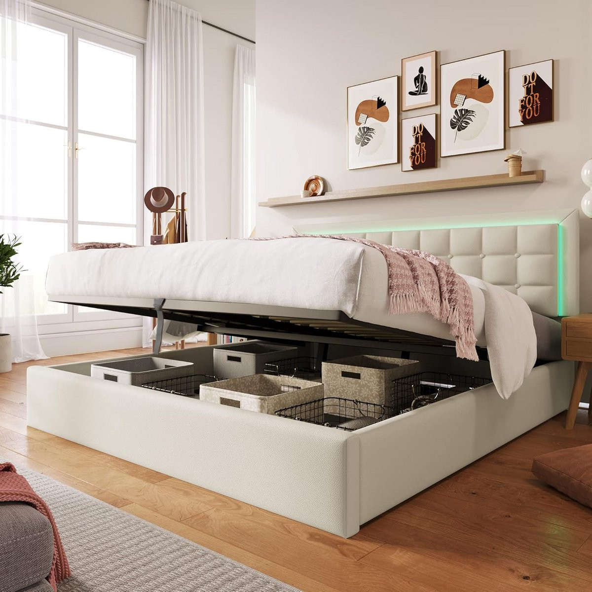 Tweepersoons Gestoffeerd Bed met Opbergruimte en LED-Verlichting 180x200 cm