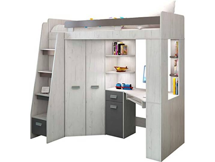 FurnitureByJDM Hochbett mit Schreibtisch, Schubladen, Regalen 80x200 cm Bettgröße mit Kleiderschrank - Linksseitige Treppe – ANTRESOLA (Craft White/Graphite)