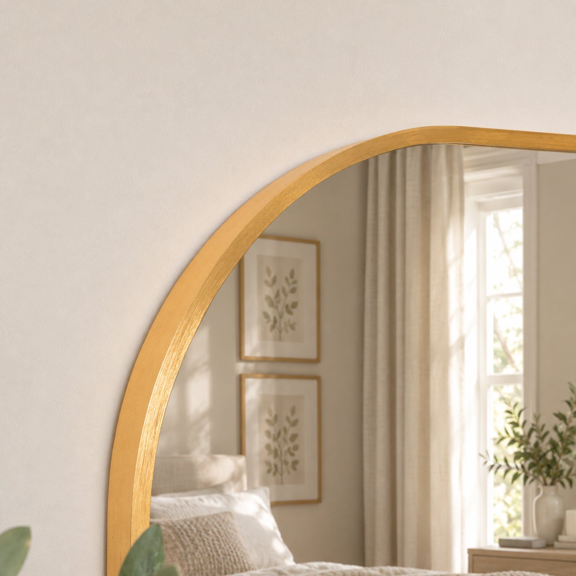 Large Gold Curved Arched Wall Mirror - 110cm x 90cm Metal, Glass, Wood