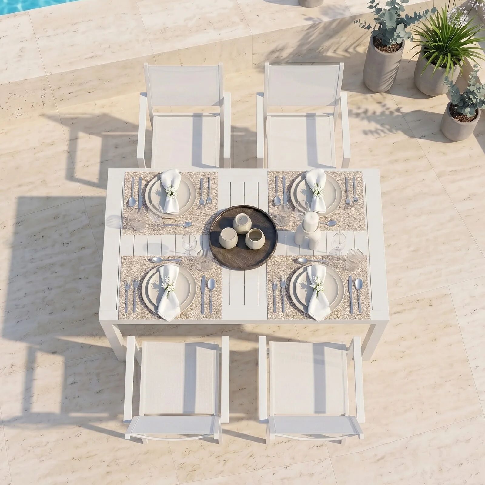 garneroarredamenti Set tavolo da giardino allungabile 160/240cm bianco + 4 sedie con braccioli quadrati bianco Brezza