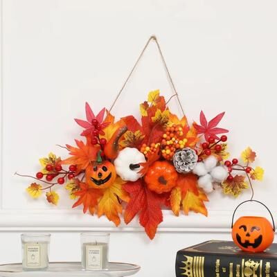 Inspired Finds Harvest Glow Maple Leaf Pumpkin Berry Wall Hanging Pendant For Autumn Decor variant 1: Maple Leaf, Pumpkin, And Berry Combination, Featuring Cotton Accents And A Pinecone.