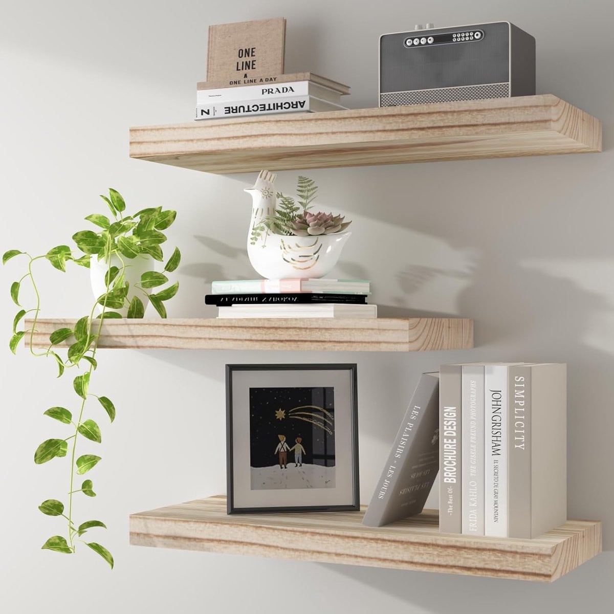 Set van 3 Rustieke Fakkel Drijvende Wandplanken van Massief Hout