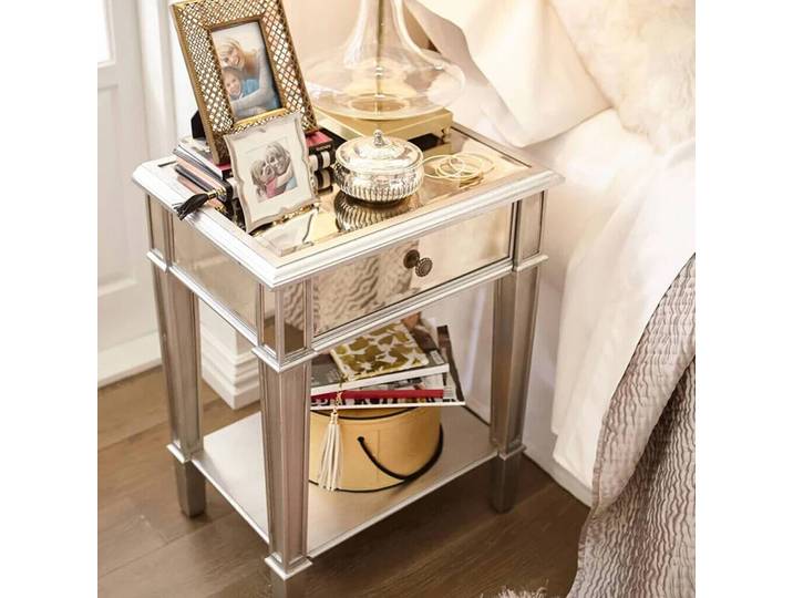 Table d'appoint miroir argentée pour salon chambre, 2 niveaux, côté canapé, armoire de chevet, table de chevet avec tiroir