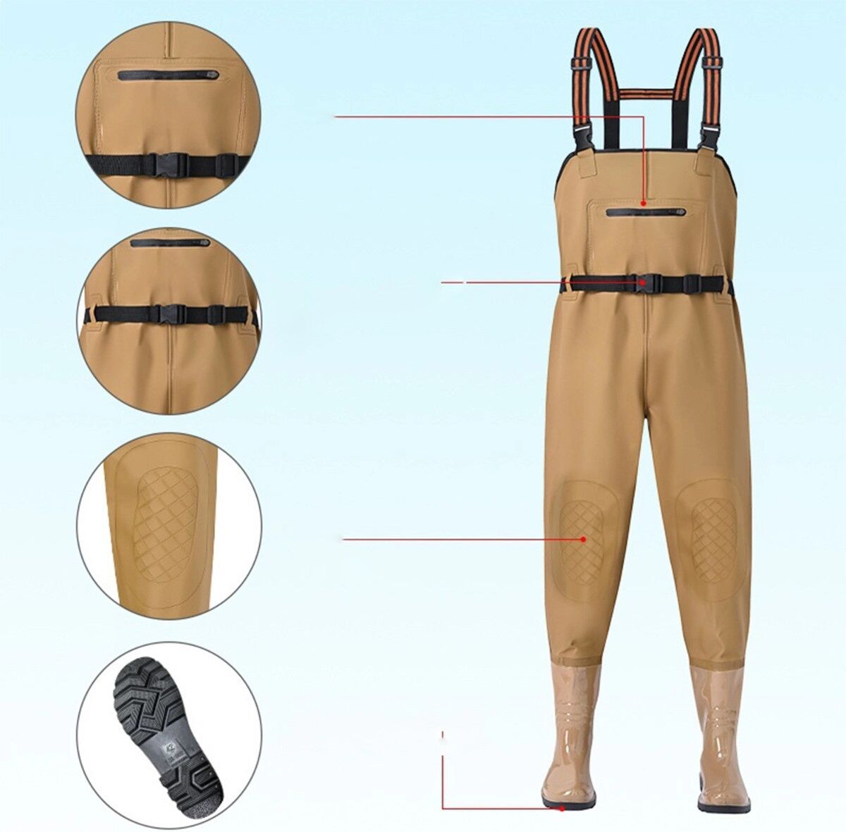 INF PVC-Brustwathose Einteilig – Wasserdicht, Durchstichfest, Verstärkte Knie und Stollensohle für Angeln und Wasserarbeit L Khaki
