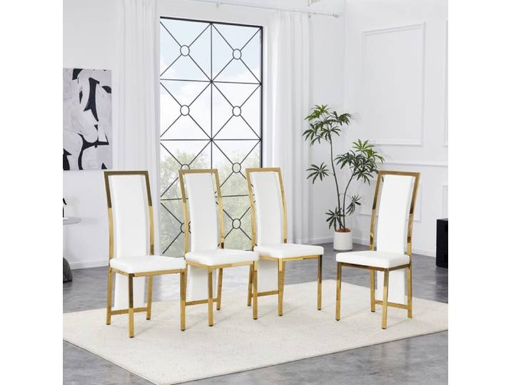 Chaise de salle à manger - FUNMOON - Funmoon - Similicuir blanc - Structure métal doré - Lot de 4