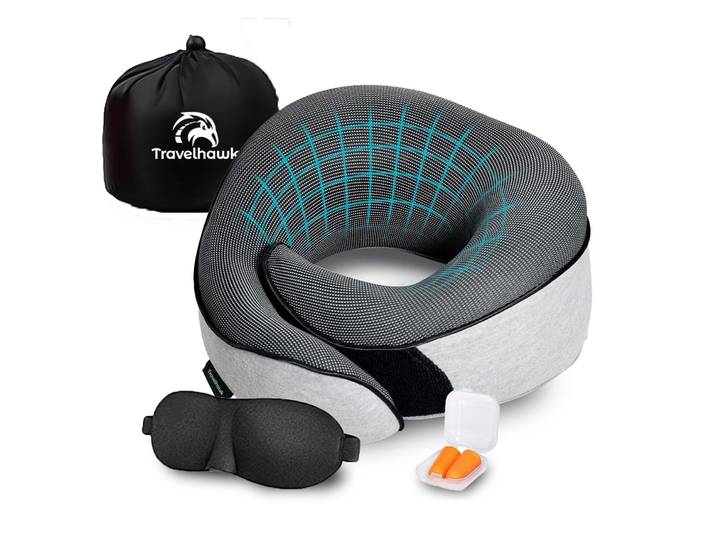 Travelhawk Nekkussen - Luxe Traagschuim Reiskussen - Oogmasker & Oordoppen - Grijs