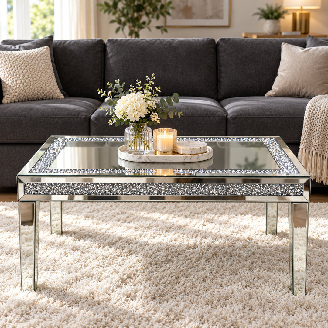 Blue Elephant Rectangular Mirrored Glass Coffee Table with Crushed Glass Inlay Clear 45cm H X 90cm W X 60cm D