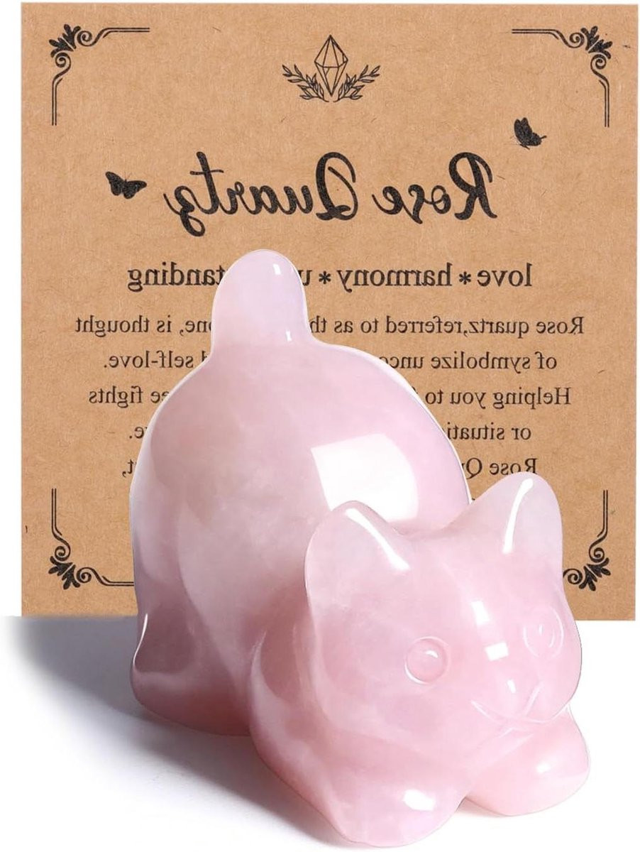 Handgesneden Rozenkwarts Kat Beeldje - Kristallen Kat voor Decoratie - 4 x 3,3 cm