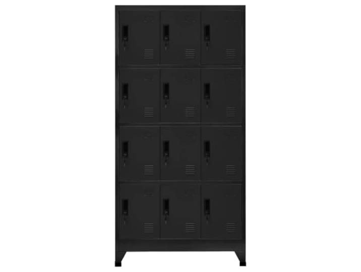 GKHPYURE Schrank mit Schloss, schwarz, 90 x 45 x 180 cm, aus Stahl Stahl, schwarz, 12 abschließbare Türen, 2 Türschlüssel, Lufteinlässe, Schilderhalter, 15 kg pro Fach, 180 kg insg