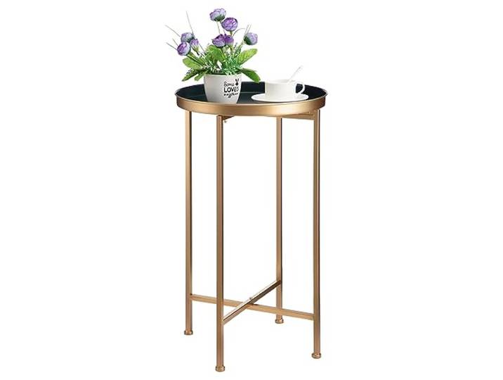 HollyHome Beistelltisch, klein, rund, Metall, wasserfest, für drinnen und draußen, modern, rostfrei, goldfarben/Marineblau
