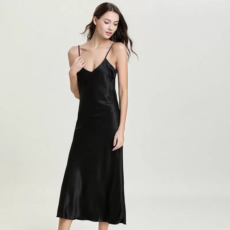 INF 5020B Satin Nachthemd Elegantes V-Ausschnitt Chemise Nachtwäsche XXL Schwarz