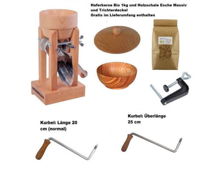 Eschenfelder Getreidemühle Kornquetsche Tischmodell Holztrichter und Alutrichter Sparsets manuell, (6 Stück), Kurbel 20-25cm, Tisch-Schraubzwinge, Reinigungsbürste, kostenfrei