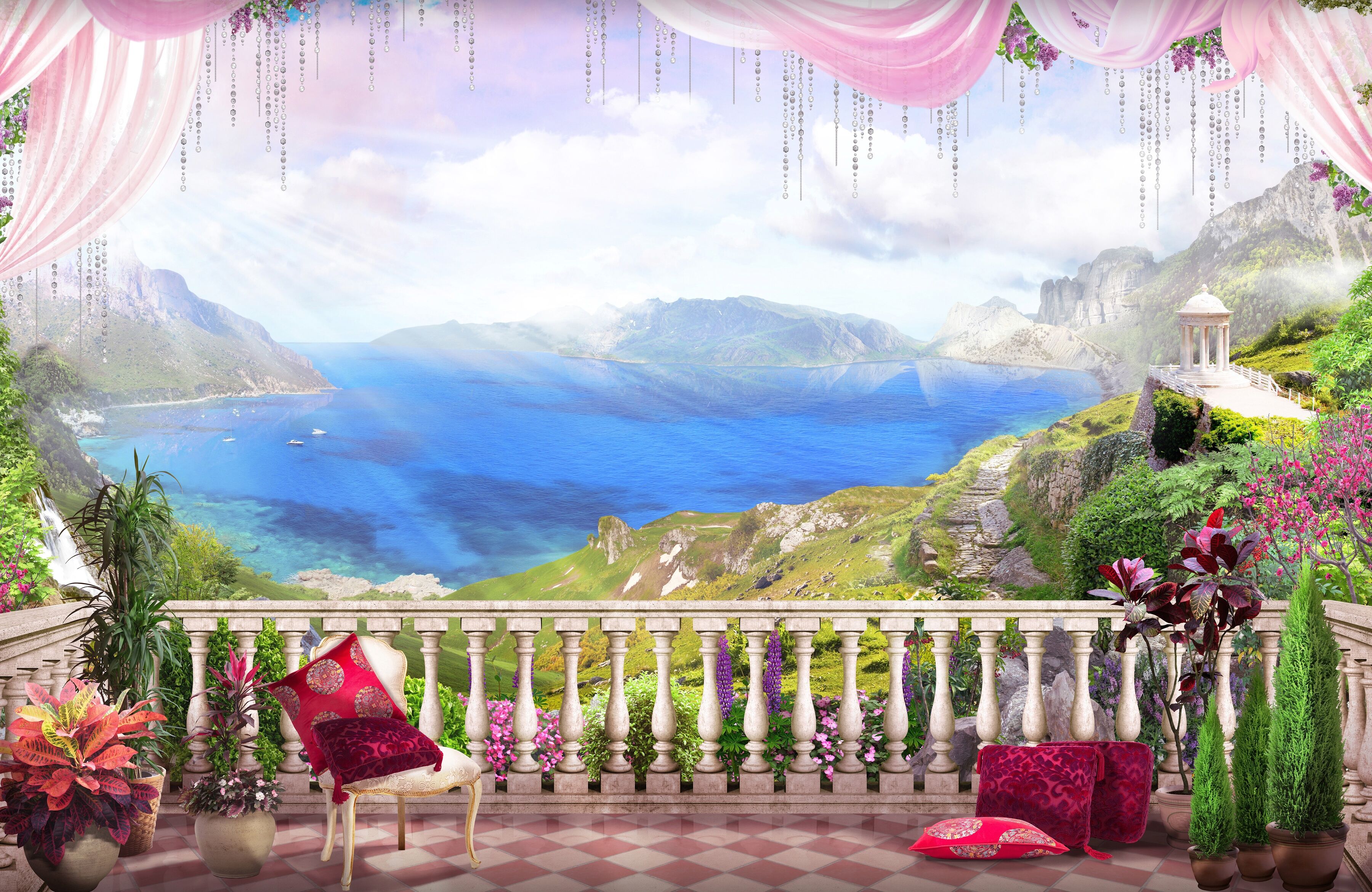 Papermoon "LANDSCHAFT-SEE MEER BERGE GEBIRGE STRAND POSTER XXL" bunt B/L: 3m x 2,23m, Bahnen: 6 Stk.