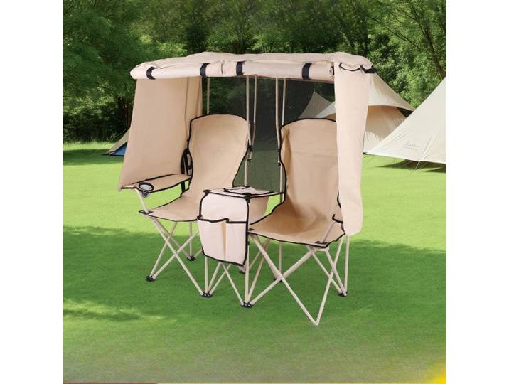 Chaise pliante double pour camping et loisirs en extérieur, chaise de pêche et de plage avec auvent intégré, chaise de directeur avec auvent